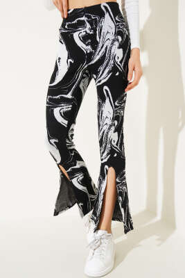Desenli Yırtmaçlı Triko Pantolon Siyah - Thumbnail