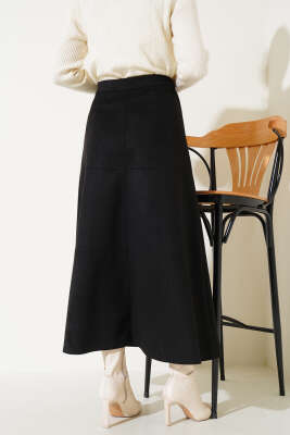 Fermuarlı Süet Kloş Etek Siyah - Thumbnail