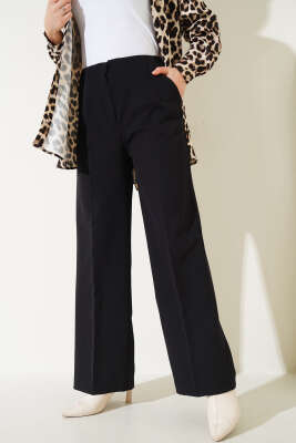 Bel Çımalı Geniş Paça Pantolon Siyah - Thumbnail