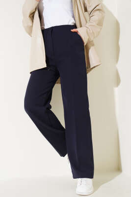 Pazarium - 	 Bel Çımalı Geniş Paça Pantolon Lacivert