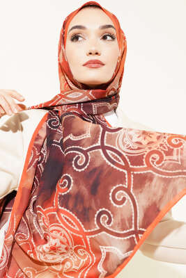 Dijital Etnik Desen Medine Şal Oranj - Thumbnail