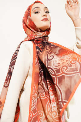 Dijital Etnik Desen Medine Şal Oranj - Thumbnail