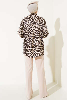 Oversize Leopar Desen Saten Gömlek Leopar - Thumbnail