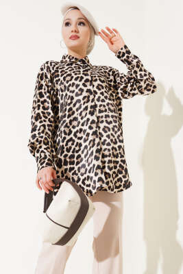 Oversize Leopar Desen Saten Gömlek Leopar - Thumbnail