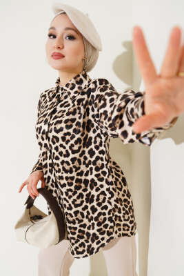 Oversize Leopar Desen Saten Gömlek Leopar - Thumbnail