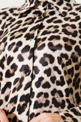 Oversize Leopar Desen Saten Gömlek Leopar - Thumbnail