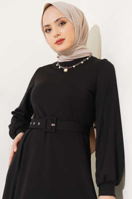 Kemerli Basic Elbise Siyah - Thumbnail