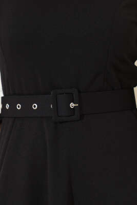 Kemerli Basic Elbise Siyah - Thumbnail