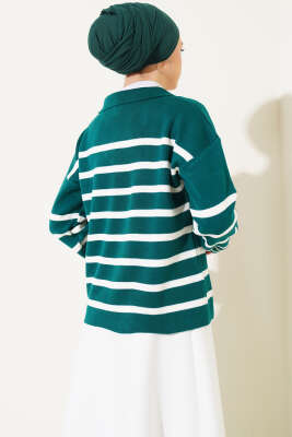 Gömlek Yaka İpli Çizgili Kazak Zümrüt - Thumbnail