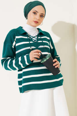 Gömlek Yaka İpli Çizgili Kazak Zümrüt - Thumbnail