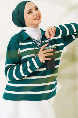 Gömlek Yaka İpli Çizgili Kazak Zümrüt - Thumbnail