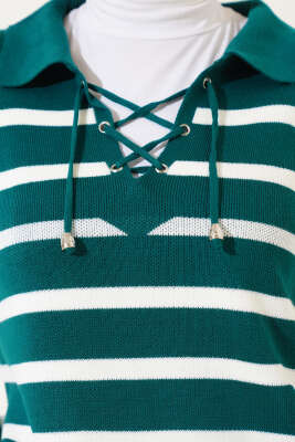 Gömlek Yaka İpli Çizgili Kazak Zümrüt - Thumbnail