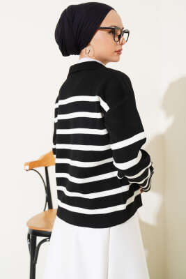 Gömlek Yaka İpli Çizgili Kazak Siyah - Thumbnail