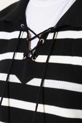 Gömlek Yaka İpli Çizgili Kazak Siyah - Thumbnail