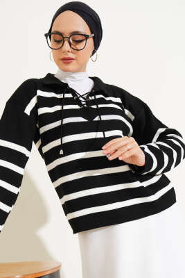 Gömlek Yaka İpli Çizgili Kazak Siyah - Thumbnail