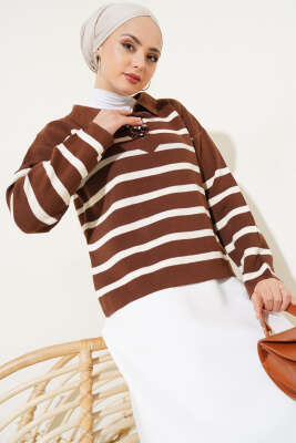 Gömlek Yaka İpli Çizgili Kazak Kahve - Thumbnail
