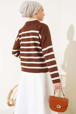 Gömlek Yaka İpli Çizgili Kazak Kahve - Thumbnail