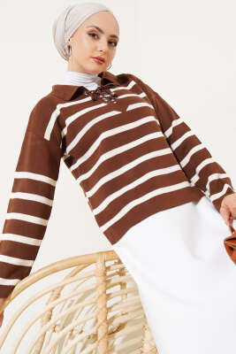 Gömlek Yaka İpli Çizgili Kazak Kahve - Thumbnail