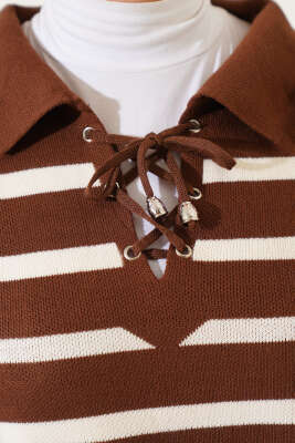 Gömlek Yaka İpli Çizgili Kazak Kahve - Thumbnail