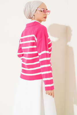 Gömlek Yaka İpli Çizgili Kazak Fuşya - Thumbnail