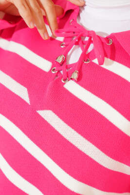 Gömlek Yaka İpli Çizgili Kazak Fuşya - Thumbnail