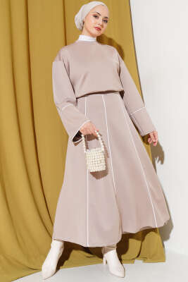 Pazarium - Çizgi Detaylı Etekli Scuba İkili Takım Latte