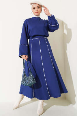 Pazarium - Çizgi Detaylı Etekli Scuba İkili Takım Lacivert