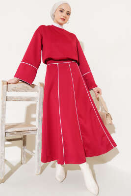 Pazarium - Çizgi Detaylı Etekli Scuba İkili Takım Bordo