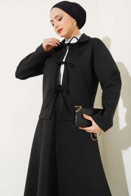 Pazarium - Önü Bağcıklı Ceketli Etekli Scuba İkili Takım Siyah