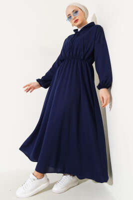 Bel Lastikli Kapüşonlu Elbise Lacivert - Thumbnail