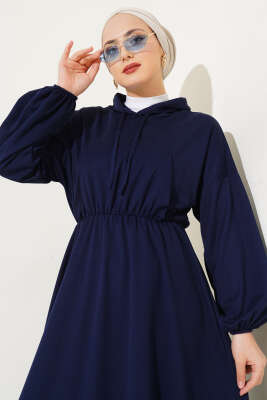 Bel Lastikli Kapüşonlu Elbise Lacivert - Thumbnail