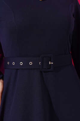 Kemerli Basic Elbise Lacivert - Thumbnail