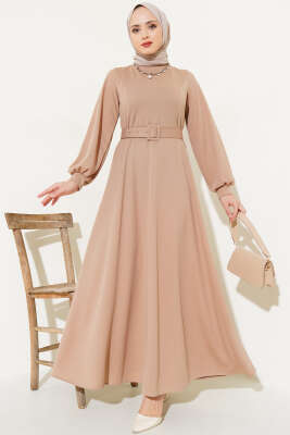 Kemerli Basic Elbise Latte - Thumbnail