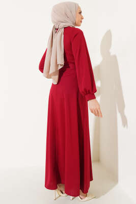 Kemerli Basic Elbise Bordo - Thumbnail