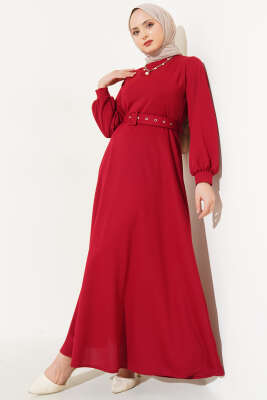 Kemerli Basic Elbise Bordo - Thumbnail