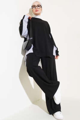 Loyşa Çizgi Garnili İkili Takım Siyah - Thumbnail