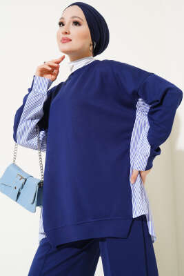 Loyşa Çizgi Garnili İkili Takım Lacivert - Thumbnail