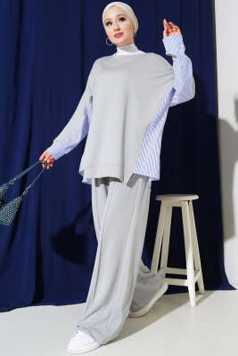 Loyşa Çizgi Garnili İkili Takım Gri - Thumbnail