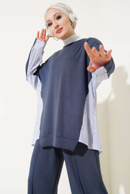 Loyşa Çizgi Garnili İkili Takım Füme - Thumbnail