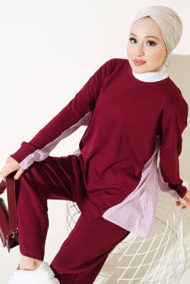 Loyşa Çizgi Garnili İkili Takım Bordo - Thumbnail
