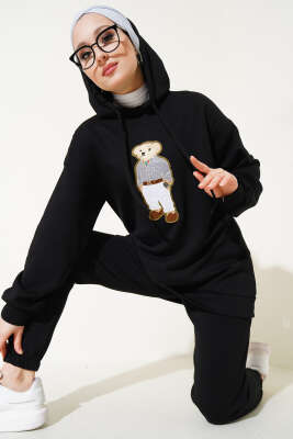 Pazarium - Üç İplik Loyşa Ayıcıklı İkili Takım Siyah