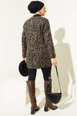 Deri Biyeli Leopar Desen Ceket Leopar - Thumbnail