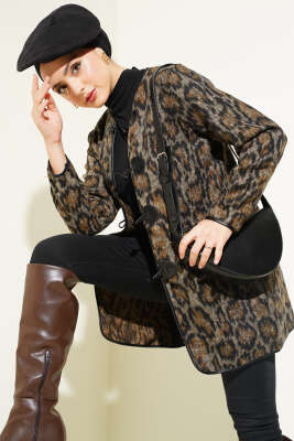 Deri Biyeli Leopar Desen Ceket Leopar - Thumbnail