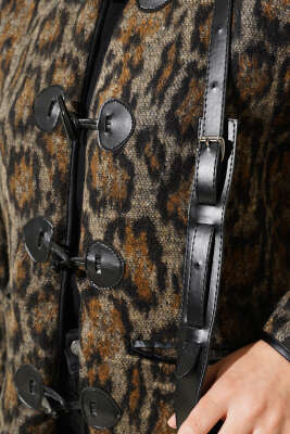 Deri Biyeli Leopar Desen Ceket Leopar - Thumbnail