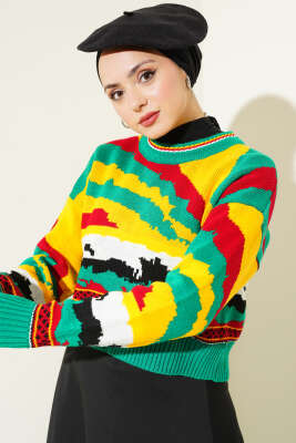 Karışık Desen Triko Kazak Zümrüt - Thumbnail