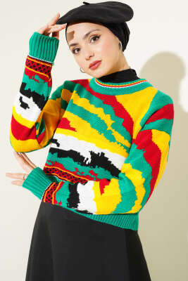 Karışık Desen Triko Kazak Zümrüt - Thumbnail