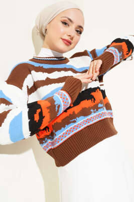 Karışık Desen Triko Kazak Kahve - Thumbnail