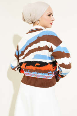 Karışık Desen Triko Kazak Kahve - Thumbnail