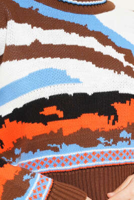 Karışık Desen Triko Kazak Kahve - Thumbnail