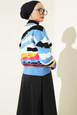 Karışık Desen Triko Kazak İndigo - Thumbnail